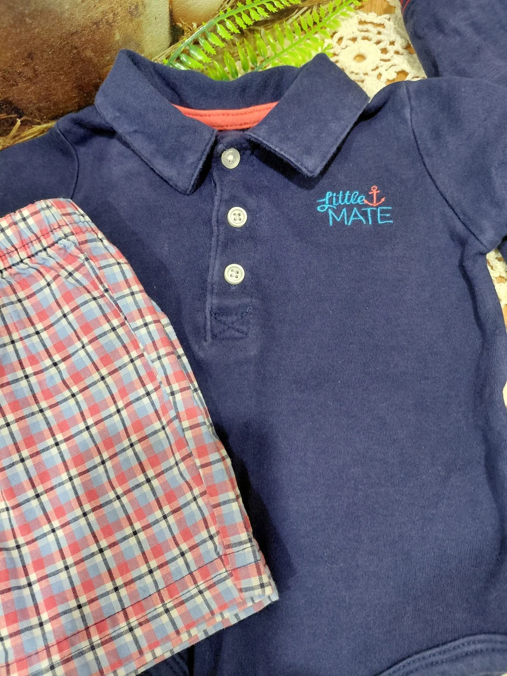 Little Mate Navy & Khaki  Matching Set — Polo with Plaid and Khaki Shorts #0928